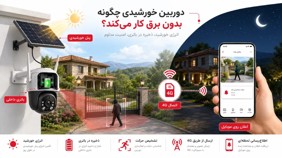 نحوه کار دوربین سولار برای ویلا و باغ بدون برق با پنل خورشیدی، باتری و اینترنت سیمکارت 4G